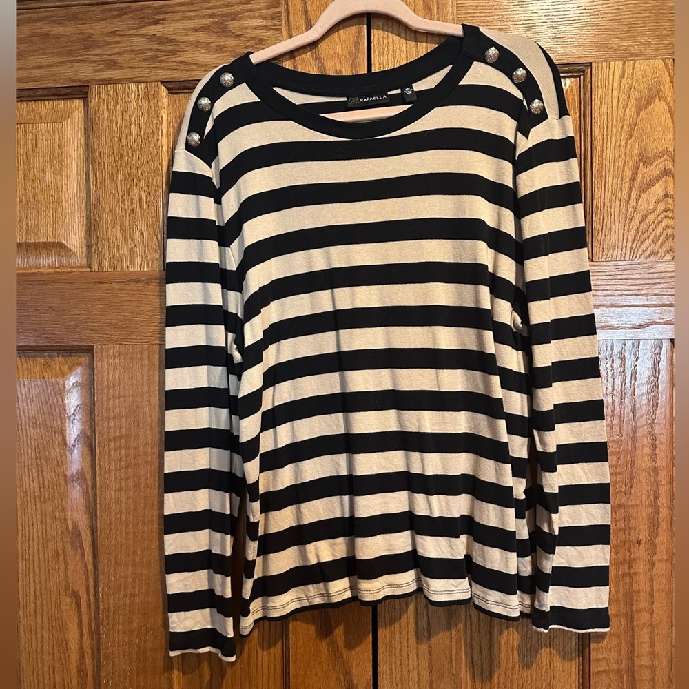 Rafealla Black and Tan Striped Long Sleeve Top with Gold Accent Buttons Size XXL